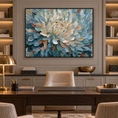 Large Horizontal 3D Textured Floral Canvas Wall Art – Hand-Painted Dusty Blue & Cream Blooming Flower Impasto Oil Painting, Palette Knife Botanical Art for Living Room Over Sofa & Bedroom Decor TEXVAS | Textured Canvas Art