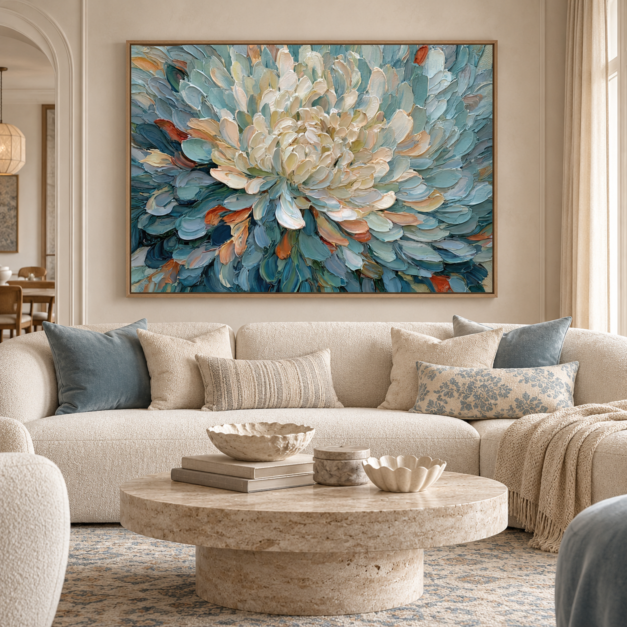 Large Horizontal 3D Textured Floral Canvas Wall Art – Hand-Painted Dusty Blue & Cream Blooming Flower Impasto Oil Painting, Palette Knife Botanical Art for Living Room Over Sofa & Bedroom Decor TEXVAS | Textured Canvas Art