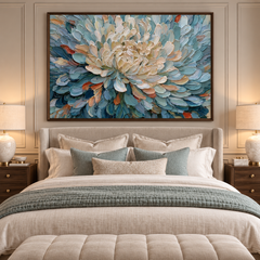 Large Horizontal 3D Textured Floral Canvas Wall Art – Hand-Painted Dusty Blue & Cream Blooming Flower Impasto Oil Painting, Palette Knife Botanical Art for Living Room Over Sofa & Bedroom Decor TEXVAS | Textured Canvas Art