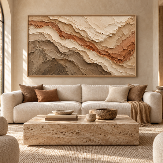 Large Horizontal 3D Textured Canyon Canvas Wall Art – Hand-Painted Earthy Terracotta & Beige Impasto Oil Painting, Wabi-Sabi Desert Wave Palette Knife Art for Living Room Over Sofa & Bedroom Decor TEXVAS | Textured Canvas Art