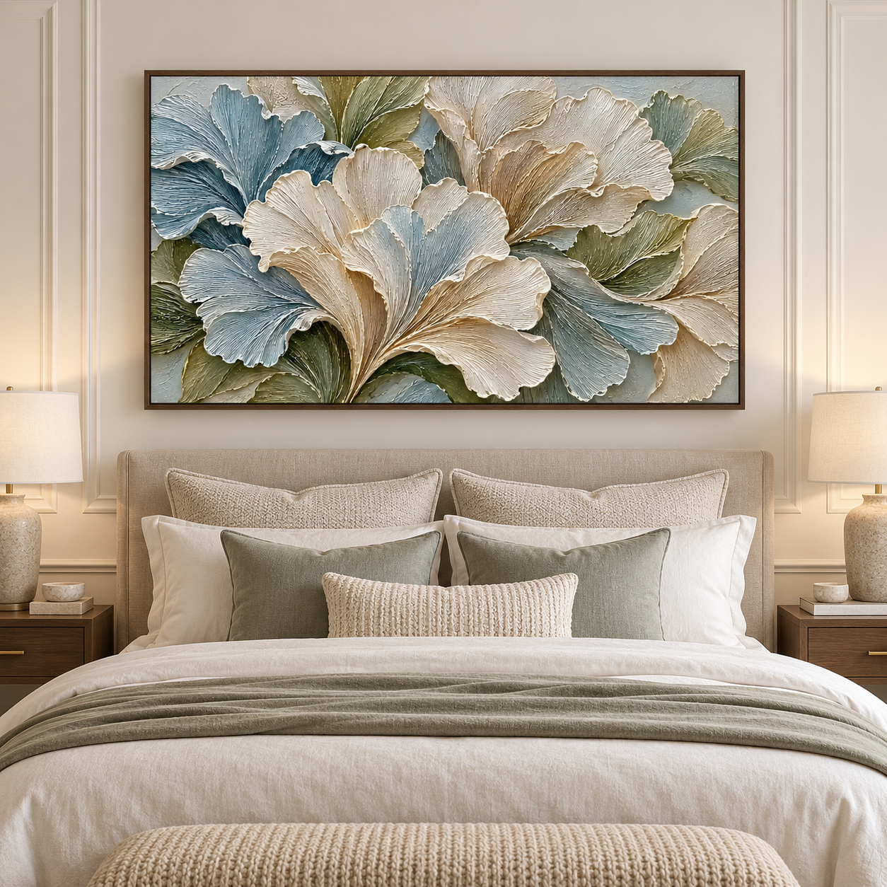 Large Horizontal 3D Textured Floral Canvas Wall Art – Hand-Painted Ginkgo Leaf Impasto Oil Painting, Modern Sage Green, Slate Blue & Cream Palette Knife Art for Living Room Over Sofa & Bedroom Decor TEXVAS | Textured Canvas Art