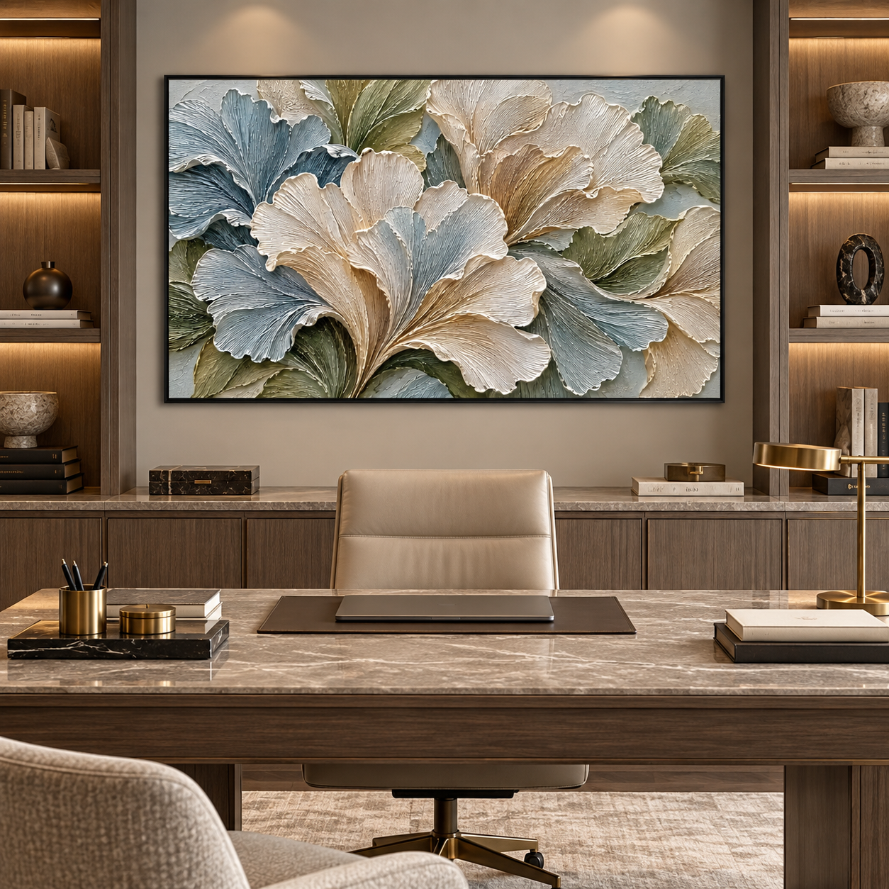 Large Horizontal 3D Textured Floral Canvas Wall Art – Hand-Painted Ginkgo Leaf Impasto Oil Painting, Modern Sage Green, Slate Blue & Cream Palette Knife Art for Living Room Over Sofa & Bedroom Decor TEXVAS | Textured Canvas Art