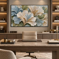 Large Horizontal 3D Textured Floral Canvas Wall Art – Hand-Painted Ginkgo Leaf Impasto Oil Painting, Modern Sage Green, Slate Blue & Cream Palette Knife Art for Living Room Over Sofa & Bedroom Decor TEXVAS | Textured Canvas Art
