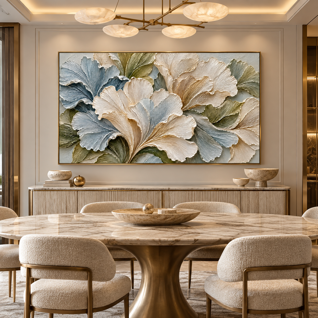 Large Horizontal 3D Textured Floral Canvas Wall Art – Hand-Painted Ginkgo Leaf Impasto Oil Painting, Modern Sage Green, Slate Blue & Cream Palette Knife Art for Living Room Over Sofa & Bedroom Decor TEXVAS | Textured Canvas Art