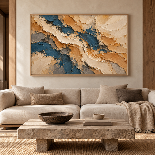 Large Horizontal 3D Textured Navy Blue & Gold Canvas Wall Art – Hand-Painted Ocean & Sand Impasto Oil Painting, Modern Wabi-Sabi Palette Knife Art for Living Room Over Sofa & Bedroom Decor TEXVAS | Textured Canvas Art
