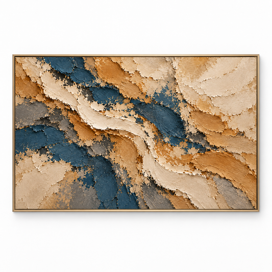Large Horizontal 3D Textured Navy Blue & Gold Canvas Wall Art – Hand-Painted Ocean & Sand Impasto Oil Painting, Modern Wabi-Sabi Palette Knife Art for Living Room Over Sofa & Bedroom Decor TEXVAS | Textured Canvas Art
