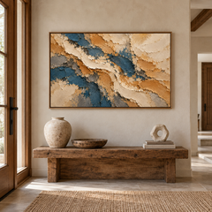 Large Horizontal 3D Textured Navy Blue & Gold Canvas Wall Art – Hand-Painted Ocean & Sand Impasto Oil Painting, Modern Wabi-Sabi Palette Knife Art for Living Room Over Sofa & Bedroom Decor TEXVAS | Textured Canvas Art