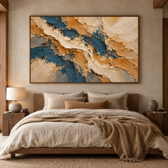 Large Horizontal 3D Textured Navy Blue & Gold Canvas Wall Art – Hand-Painted Ocean & Sand Impasto Oil Painting, Modern Wabi-Sabi Palette Knife Art for Living Room Over Sofa & Bedroom Decor TEXVAS | Textured Canvas Art