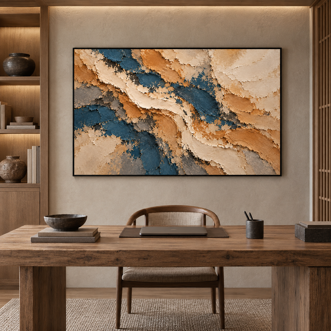 Large Horizontal 3D Textured Navy Blue & Gold Canvas Wall Art – Hand-Painted Ocean & Sand Impasto Oil Painting, Modern Wabi-Sabi Palette Knife Art for Living Room Over Sofa & Bedroom Decor TEXVAS | Textured Canvas Art