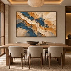 Large Horizontal 3D Textured Navy Blue & Gold Canvas Wall Art – Hand-Painted Ocean & Sand Impasto Oil Painting, Modern Wabi-Sabi Palette Knife Art for Living Room Over Sofa & Bedroom Decor TEXVAS | Textured Canvas Art