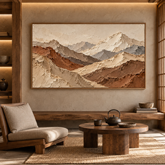 Large Horizontal 3D Textured Mountain Canvas Wall Art – Hand-Painted Neutral Earth Tone Mountain Range Impasto Oil Painting, Modern Wabi-Sabi Terracotta & Slate Landscape Palette Knife Art for Living Room Over Sofa & Bedroom Decor TEXVAS | Textured Canvas Art