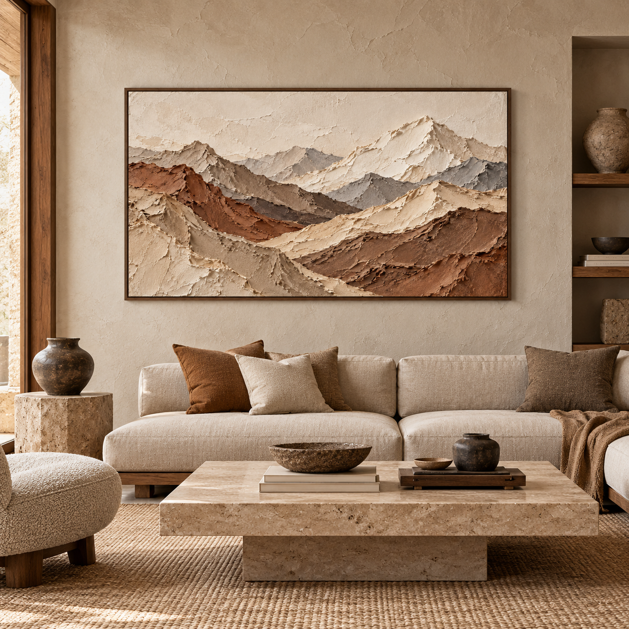 Large Horizontal 3D Textured Mountain Canvas Wall Art – Hand-Painted Neutral Earth Tone Mountain Range Impasto Oil Painting, Modern Wabi-Sabi Terracotta & Slate Landscape Palette Knife Art for Living Room Over Sofa & Bedroom Decor TEXVAS | Textured Canvas Art