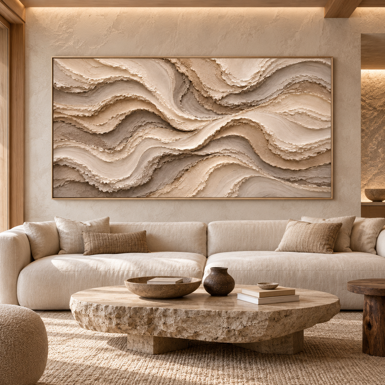 Large Horizontal 3D Textured Canyon Canvas Wall Art – Hand-Painted Earthy Beige & Terracotta Impasto Oil Painting, Wabi-Sabi Desert Wave Palette Knife Art for Living Room Over Sofa & Bedroom Decor TEXVAS | Textured Canvas Art
