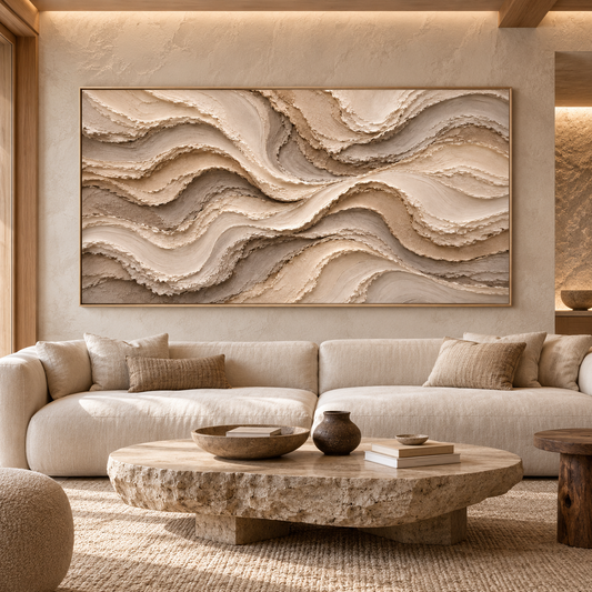 Large Horizontal 3D Textured Canyon Canvas Wall Art – Hand-Painted Earthy Beige & Terracotta Impasto Oil Painting, Wabi-Sabi Desert Wave Palette Knife Art for Living Room Over Sofa & Bedroom Decor TEXVAS | Textured Canvas Art