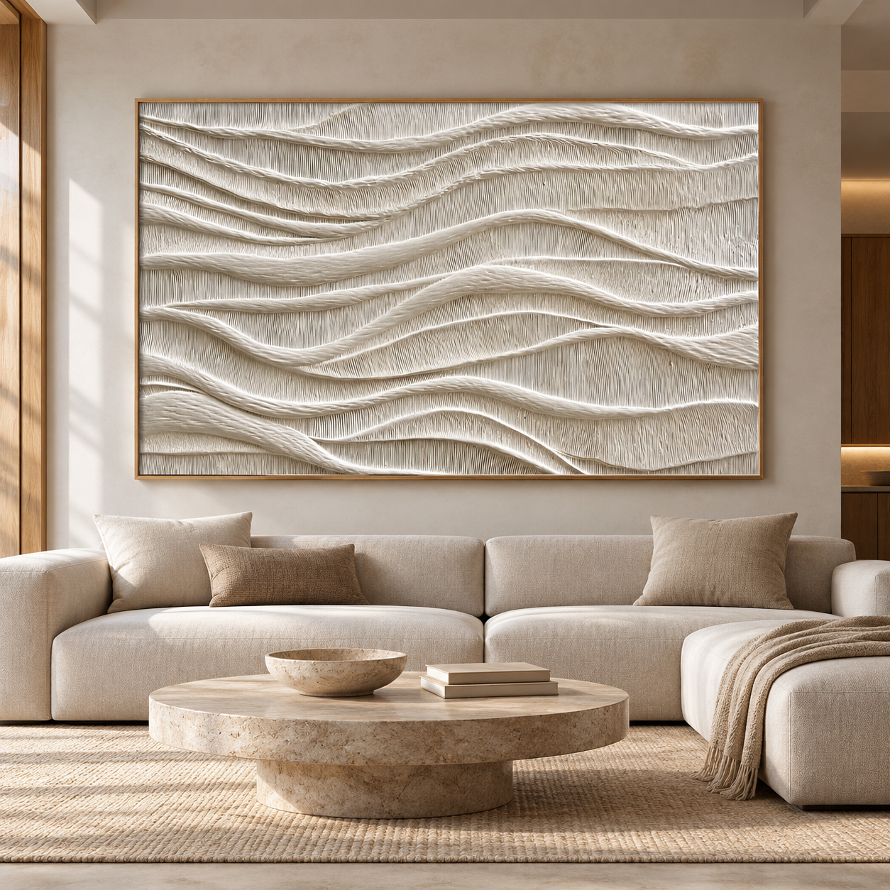 Large Horizontal 3D Textured White Canvas Wall Art – Hand-Painted Off-White & Beige Wave Plaster Oil Painting, Wabi-Sabi Minimalist Combed Texture Palette Knife Art for Living Room Over Sofa & Bedroom Decor TEXVAS | Textured Canvas Art