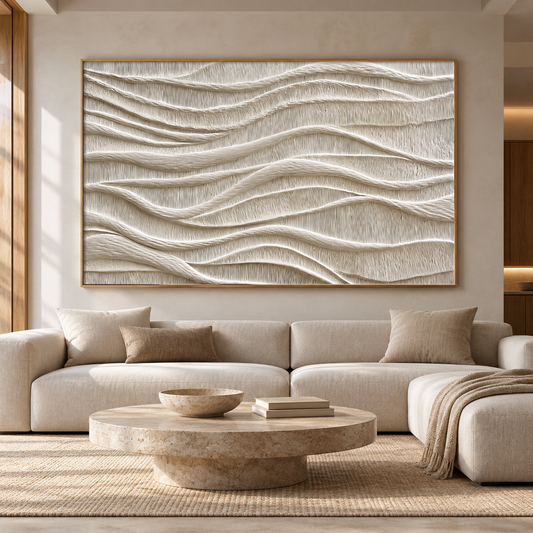 Large Horizontal 3D Textured White Canvas Wall Art – Hand-Painted Off-White & Beige Wave Plaster Oil Painting, Wabi-Sabi Minimalist Combed Texture Palette Knife Art for Living Room Over Sofa & Bedroom Decor TEXVAS | Textured Canvas Art