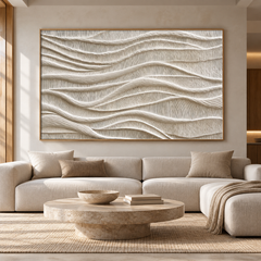 Large Horizontal 3D Textured White Canvas Wall Art – Hand-Painted Off-White & Beige Wave Plaster Oil Painting, Wabi-Sabi Minimalist Combed Texture Palette Knife Art for Living Room Over Sofa & Bedroom Decor TEXVAS | Textured Canvas Art