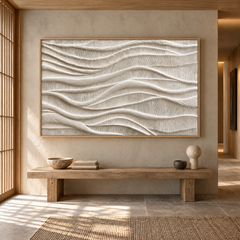 Large Horizontal 3D Textured White Canvas Wall Art – Hand-Painted Off-White & Beige Wave Plaster Oil Painting, Wabi-Sabi Minimalist Combed Texture Palette Knife Art for Living Room Over Sofa & Bedroom Decor TEXVAS | Textured Canvas Art