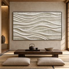 Large Horizontal 3D Textured White Canvas Wall Art – Hand-Painted Off-White & Beige Wave Plaster Oil Painting, Wabi-Sabi Minimalist Combed Texture Palette Knife Art for Living Room Over Sofa & Bedroom Decor TEXVAS | Textured Canvas Art