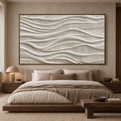 Large Horizontal 3D Textured White Canvas Wall Art – Hand-Painted Off-White & Beige Wave Plaster Oil Painting, Wabi-Sabi Minimalist Combed Texture Palette Knife Art for Living Room Over Sofa & Bedroom Decor TEXVAS | Textured Canvas Art