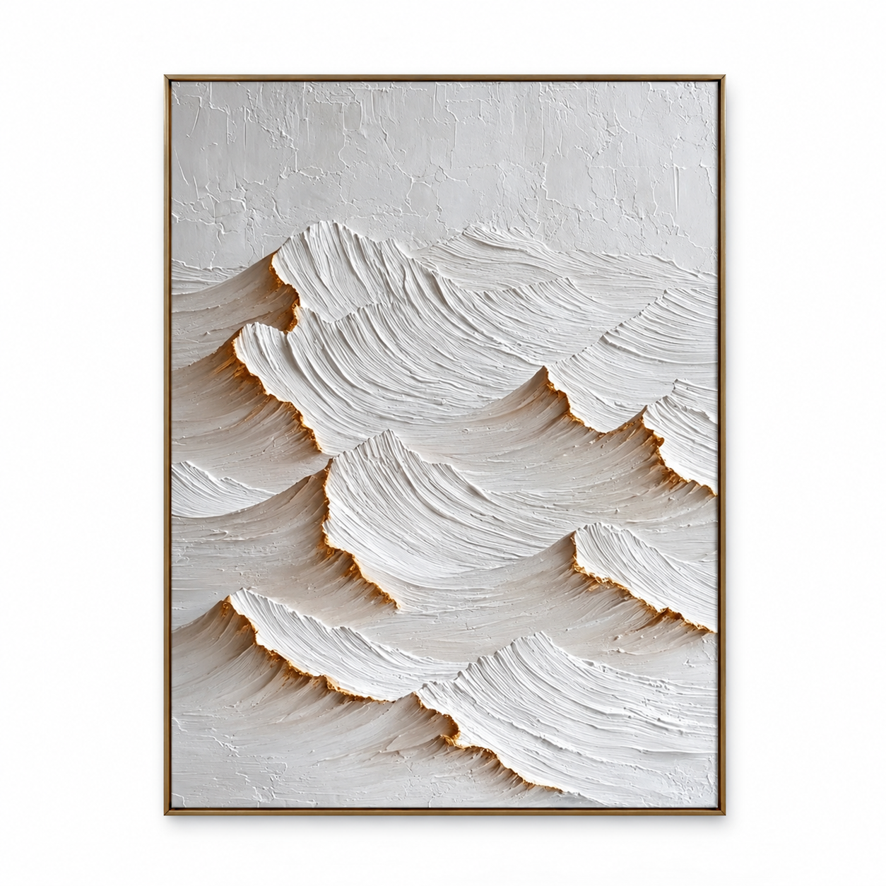 Large Vertical 3D Textured White & Gold Canvas Wall Art – Hand-Painted Minimalist Wave Mountain Plaster Oil Painting, Modern Wabi-Sabi Palette Knife Impasto Art with Metallic Gold Trim for Entryway & Bedroom Decor TEXVAS | Textured Canvas Art