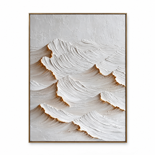 Large Vertical 3D Textured White & Gold Canvas Wall Art – Hand-Painted Minimalist Wave Mountain Plaster Oil Painting, Modern Wabi-Sabi Palette Knife Impasto Art with Metallic Gold Trim for Entryway & Bedroom Decor TEXVAS | Textured Canvas Art
