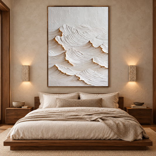 Large Vertical 3D Textured White & Gold Canvas Wall Art – Hand-Painted Minimalist Wave Mountain Plaster Oil Painting, Modern Wabi-Sabi Palette Knife Impasto Art with Metallic Gold Trim for Entryway & Bedroom Decor TEXVAS | Textured Canvas Art