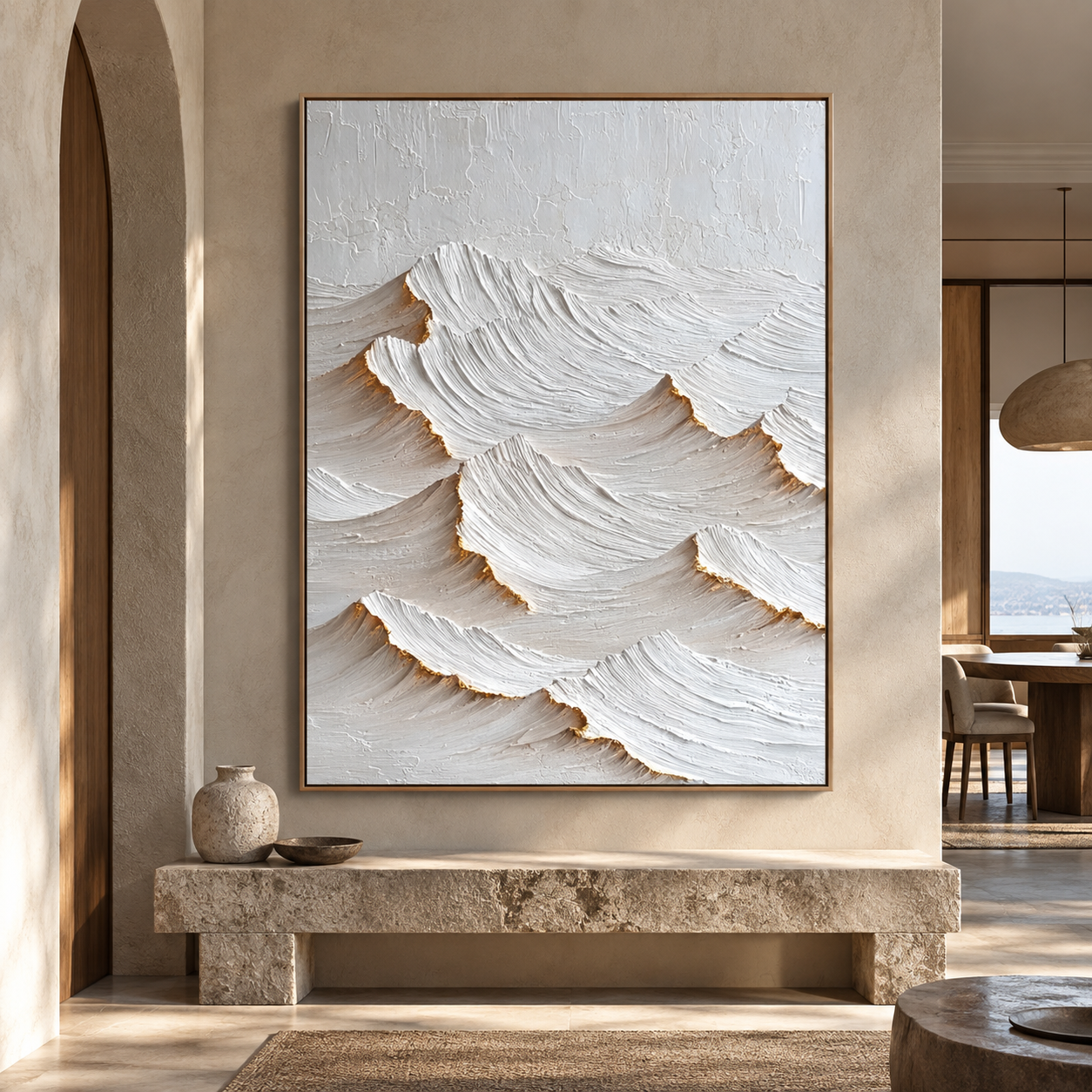 Large Vertical 3D Textured White & Gold Canvas Wall Art – Hand-Painted Minimalist Wave Mountain Plaster Oil Painting, Modern Wabi-Sabi Palette Knife Impasto Art with Metallic Gold Trim for Entryway & Bedroom Decor TEXVAS | Textured Canvas Art