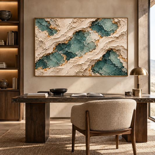 Large Horizontal 3D Textured Teal & Gold Canvas Wall Art – Hand-Painted Emerald Ocean & Cream Sand Impasto Oil Painting, Modern Wabi-Sabi Mineral Strata Palette Knife Art for Living Room Over Sofa & Bedroom Decor TEXVAS | Textured Canvas Art