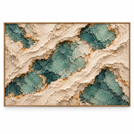 Large Horizontal 3D Textured Teal & Gold Canvas Wall Art – Hand-Painted Emerald Ocean & Cream Sand Impasto Oil Painting, Modern Wabi-Sabi Mineral Strata Palette Knife Art for Living Room Over Sofa & Bedroom Decor TEXVAS | Textured Canvas Art