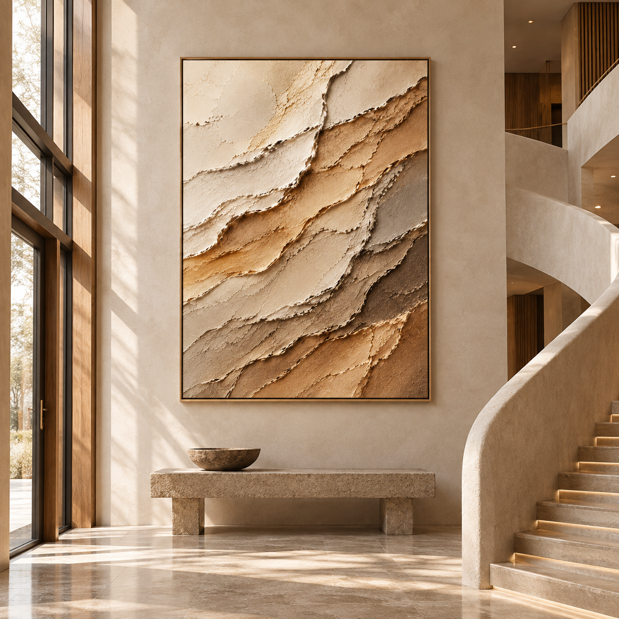 Large Vertical 3D Textured Canvas Wall Art – Hand-Painted Earth Tone Beige & Brown Sand Wave Impasto Oil Painting, Modern Wabi-Sabi Neutral Palette Knife Plaster Art for Entryway & Bedroom Decor TEXVAS | Textured Canvas Art