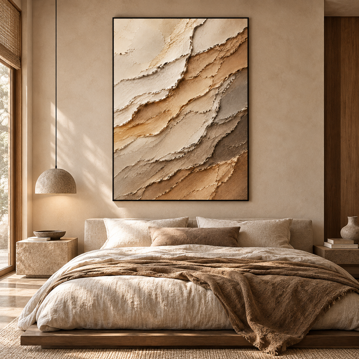 Large Vertical 3D Textured Canvas Wall Art – Hand-Painted Earth Tone Beige & Brown Sand Wave Impasto Oil Painting, Modern Wabi-Sabi Neutral Palette Knife Plaster Art for Entryway & Bedroom Decor TEXVAS | Textured Canvas Art