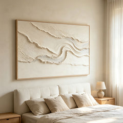 Minimalist Flowing Ridge 3D Texture Art – Hand-Painted White & Cream Abstract Landscape (Horizontal Wall Decor)