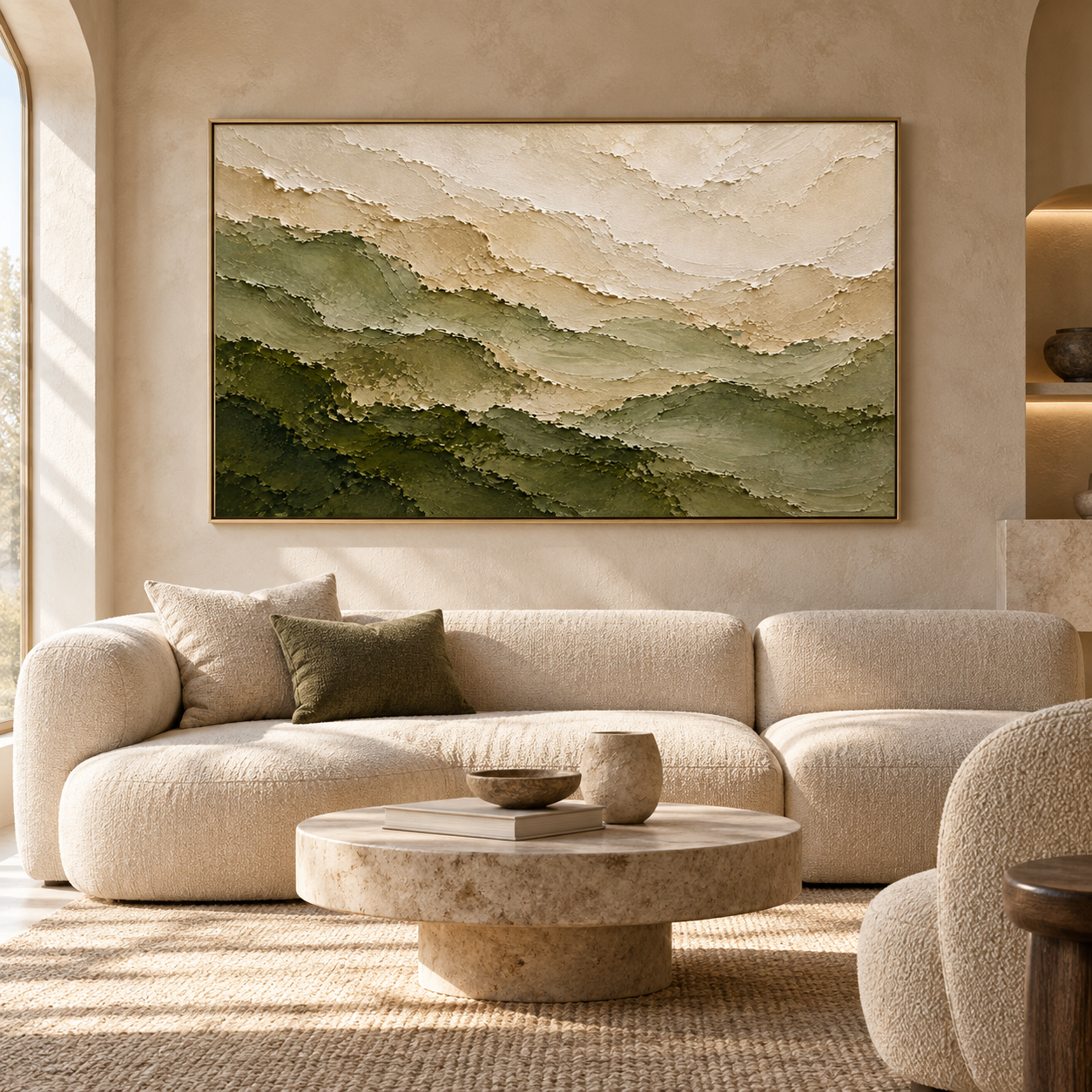 Misty Ridges – Hand-Painted 3D Sage Green & Beige Mountain Textured Canvas Wall Art | Minimalist Wabi-Sabi Framed Artwork TEXVAS | Textured Canvas Art