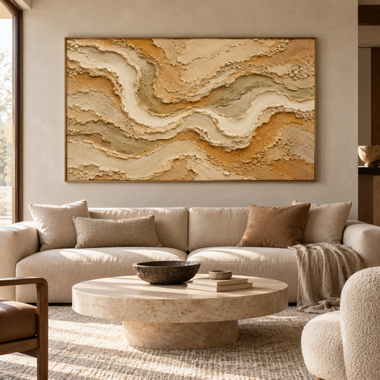 Large Horizontal 3D Textured Desert Canvas Wall Art – Hand-Painted Mustard Ochre & Earthy Beige Impasto Oil Painting, Modern Wabi-Sabi Canyon River Palette Knife Art for Living Room Over Sofa & Bedroom Decor TEXVAS | Textured Canvas Art