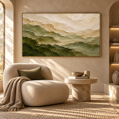Misty Ridges – Hand-Painted 3D Sage Green & Beige Mountain Textured Canvas Wall Art | Minimalist Wabi-Sabi Framed Artwork TEXVAS | Textured Canvas Art