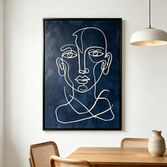 "Midnight Contemplation" – Abstract Minimalist Continuous Line Portrait Canvas Art (Deep Navy Textured Background)