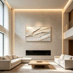Modern Luxury 3D Texture Abstract Art Painting (Hand-Painted Cream & Gold Accented Horizontal Living Room Wall Decor)