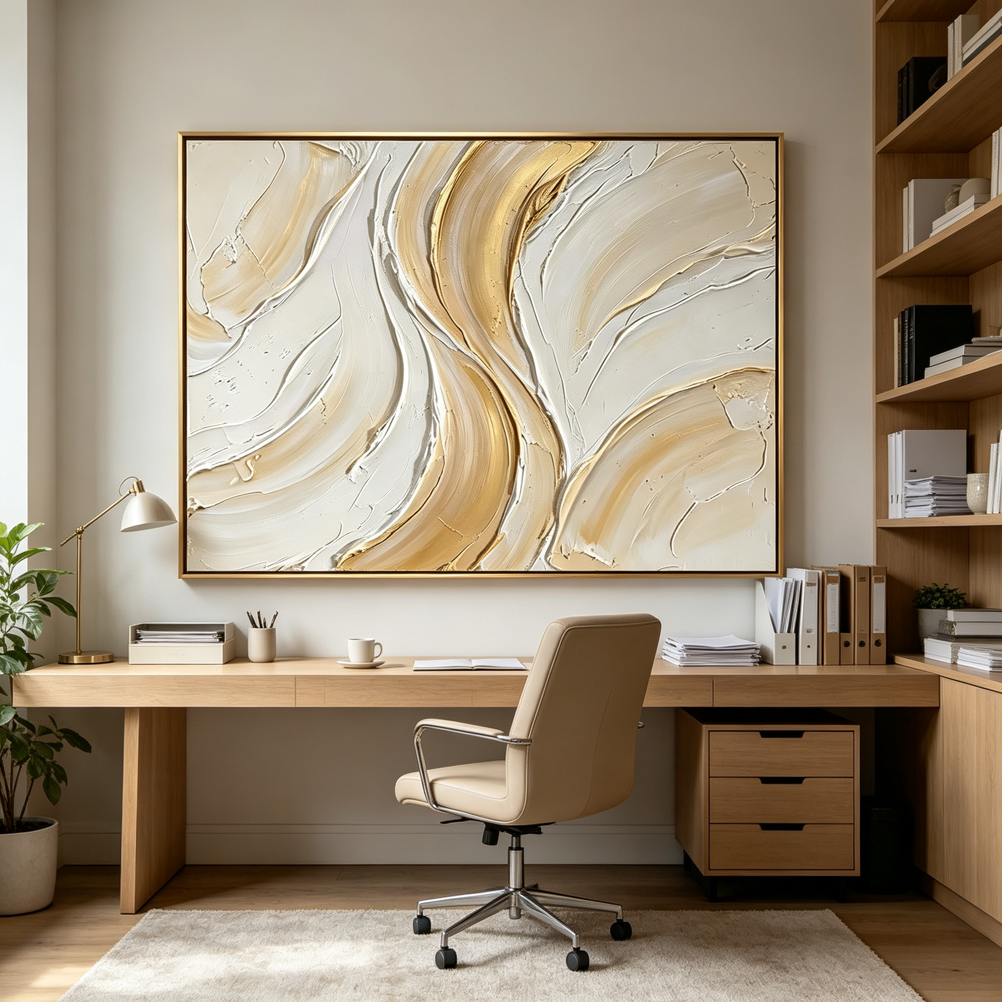 Golden Veins – Hand-Painted 3D Gold Leaf & Cream Textured Canvas Wall Art | Minimalist Luxury Framed Artwork TEXVAS | Textured Canvas Art