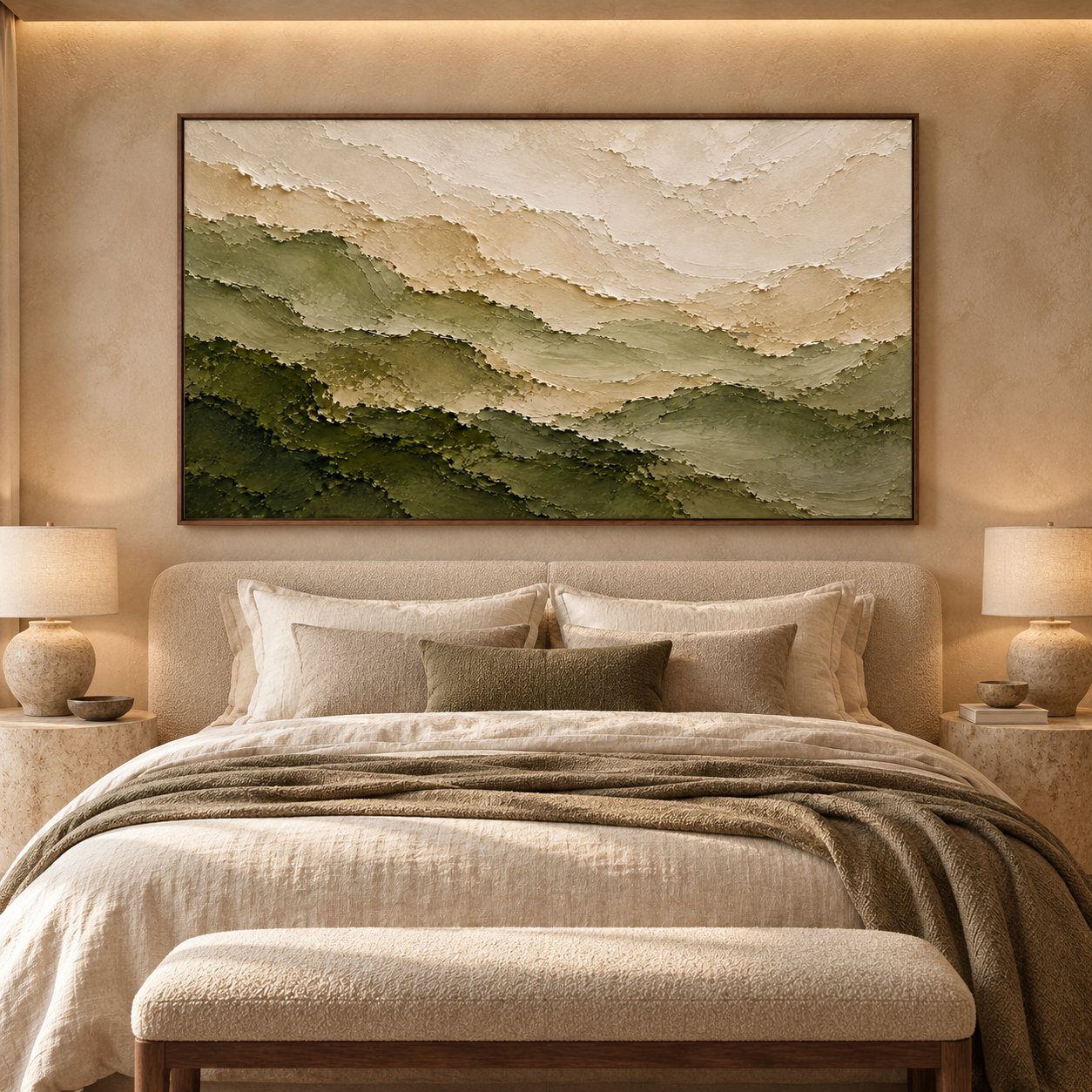Misty Ridges – Hand-Painted 3D Sage Green & Beige Mountain Textured Canvas Wall Art | Minimalist Wabi-Sabi Framed Artwork TEXVAS | Textured Canvas Art