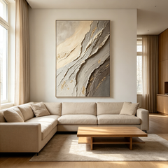 Contemporary Textured Abstract Art – Hand-Painted Neutral Tones with Golden Accents (Vertical Wall Decor)
