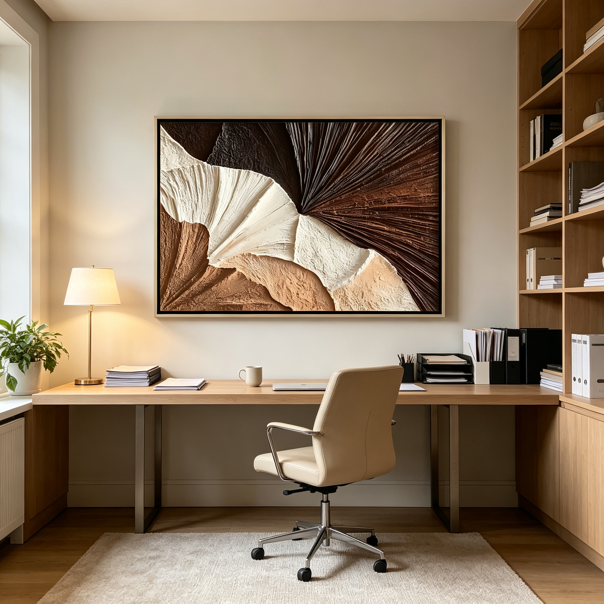 Sculpted Fan – Hand-Painted 3D Palm Leaf Textured Canvas Wall Art | Modern Earth Tone Wabi-Sabi Framed Artwork TEXVAS | Textured Canvas Art