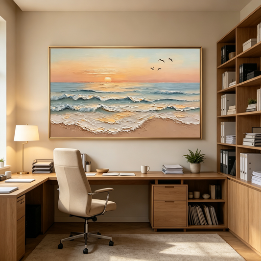 Golden Horizon – Hand-Painted 3D Ocean Wave Sunset Canvas Wall Art | Coastal Impasto Seascape Framed Artwork TEXVAS | Textured Canvas Art