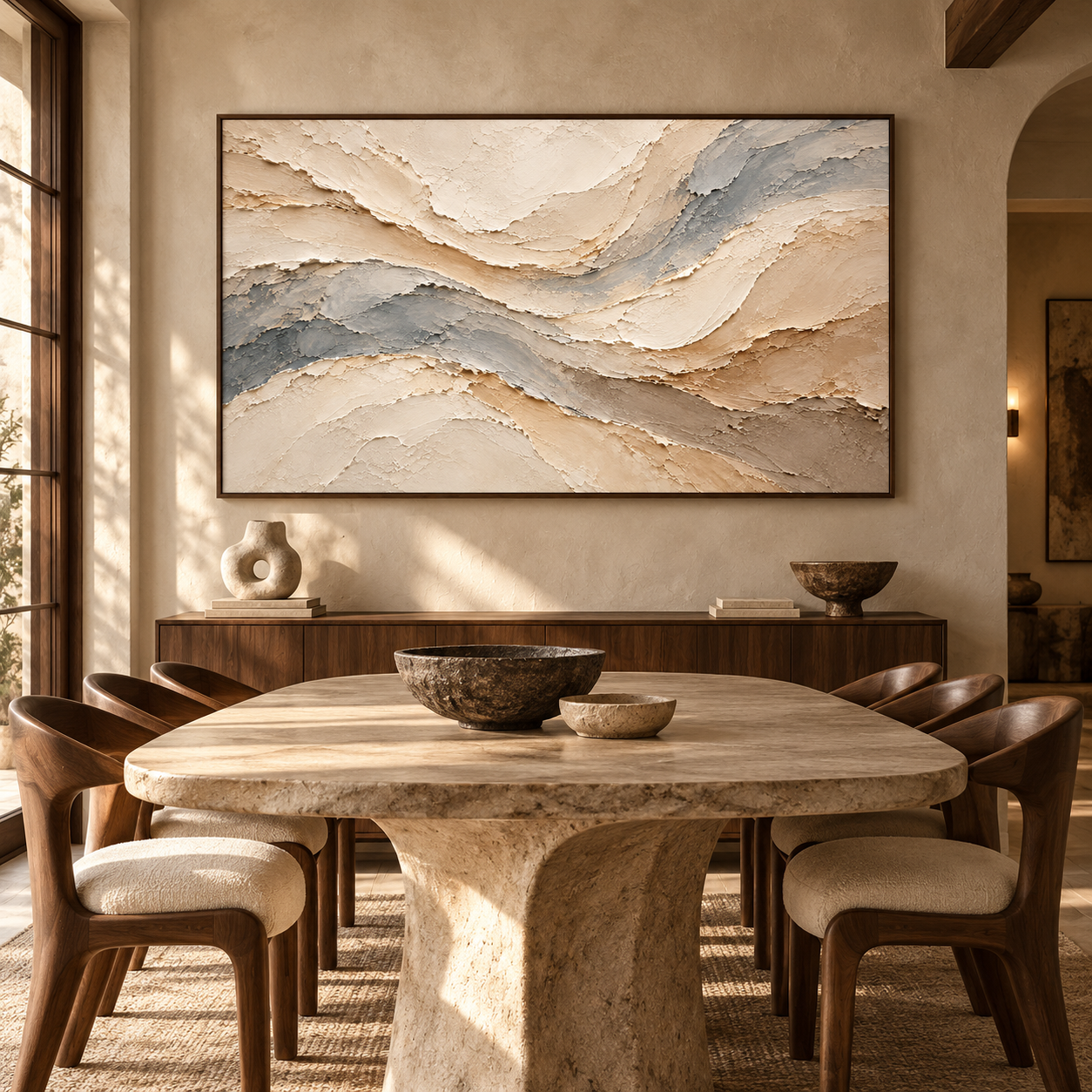Serene River Currents 3D Textured Wall Art – Slate Blue, Sand Beige & Cream Heavy Impasto Canvas Painting, Large Horizontal Wabi-Sabi Wall Decor TEXVAS | Textured Canvas Art