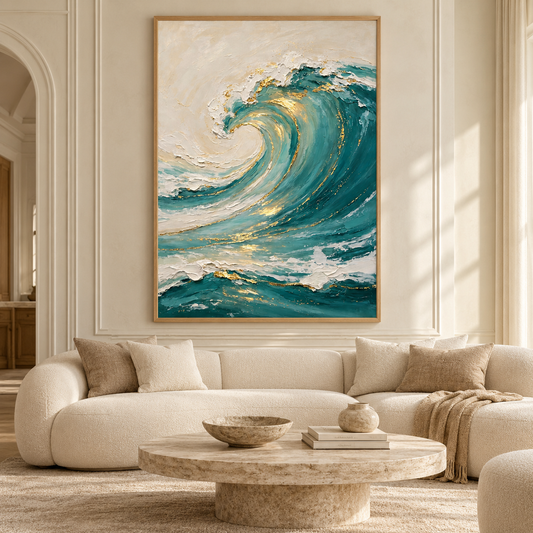 Large 3D Textured Ocean Wave Canvas Wall Art – Hand-Painted Teal Green & Gold Leaf Impasto Oil Painting, Coastal Abstract Wave Palette Knife Art for Living Room, Bedroom & Office Decor TEXVAS | Textured Canvas Art