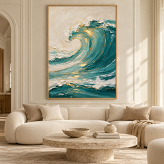 Large 3D Textured Ocean Wave Canvas Wall Art – Hand-Painted Teal Green & Gold Leaf Impasto Oil Painting, Coastal Abstract Wave Palette Knife Art for Living Room, Bedroom & Office Decor TEXVAS | Textured Canvas Art