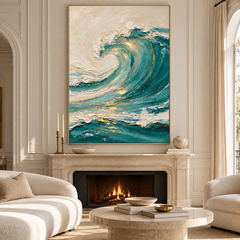 Large 3D Textured Ocean Wave Canvas Wall Art – Hand-Painted Teal Green & Gold Leaf Impasto Oil Painting, Coastal Abstract Wave Palette Knife Art for Living Room, Bedroom & Office Decor TEXVAS | Textured Canvas Art