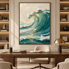 Large 3D Textured Ocean Wave Canvas Wall Art – Hand-Painted Teal Green & Gold Leaf Impasto Oil Painting, Coastal Abstract Wave Palette Knife Art for Living Room, Bedroom & Office Decor TEXVAS | Textured Canvas Art
