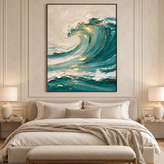 Large 3D Textured Ocean Wave Canvas Wall Art – Hand-Painted Teal Green & Gold Leaf Impasto Oil Painting, Coastal Abstract Wave Palette Knife Art for Living Room, Bedroom & Office Decor TEXVAS | Textured Canvas Art