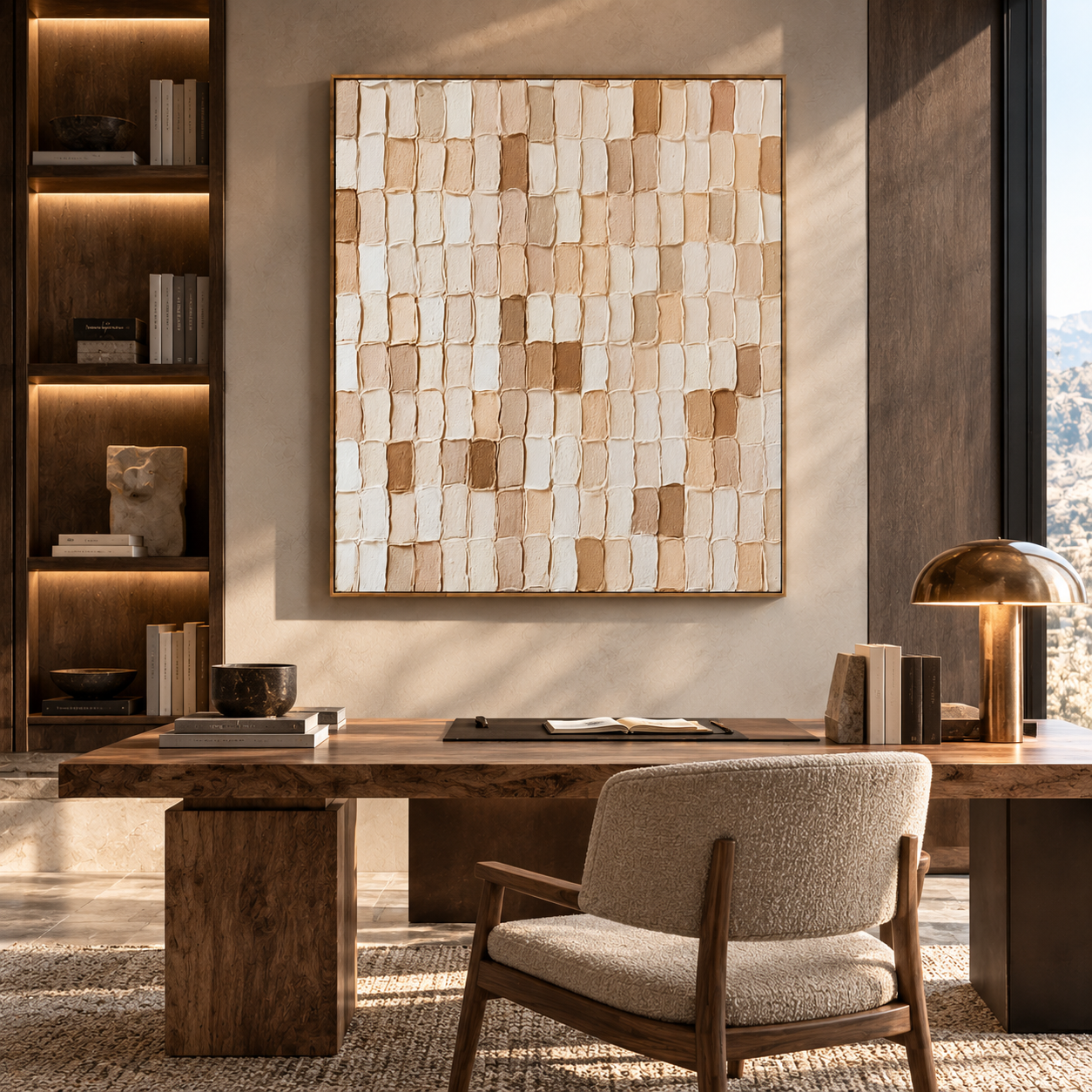 Large 3D Textured Grid Abstract Canvas Wall Art – Hand-Painted Neutral Beige & Brown Impasto Oil Painting, Wabi-Sabi Block Mosaic Palette Knife Art for Living Room, Bedroom & Office Decor TEXVAS | Textured Canvas Art